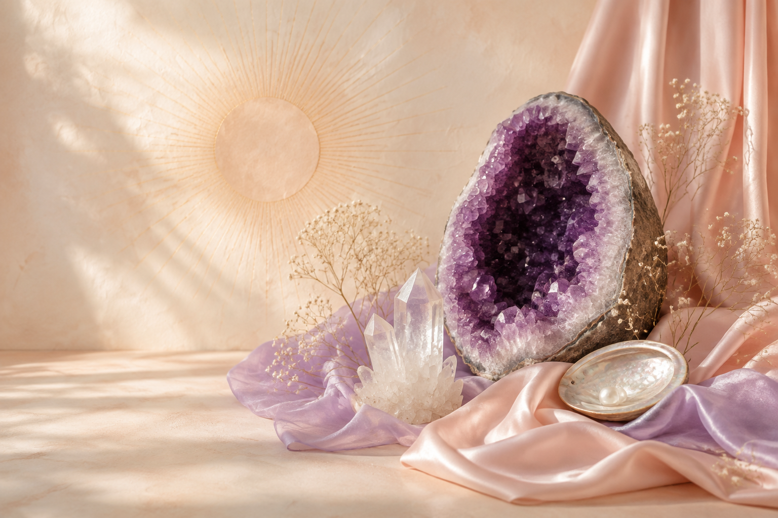 A cluster of amethyst crystals resting on soft draped silk in warm ivory light.