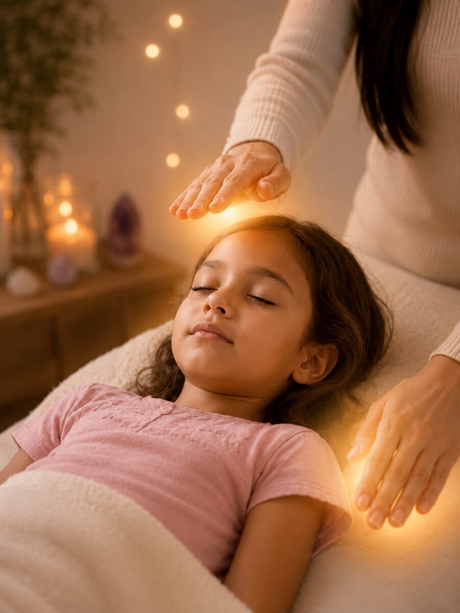 A gentle, softly lit corner prepared for a child’s healing session.