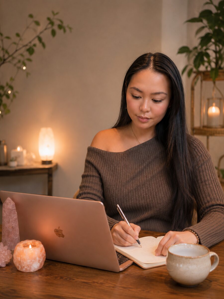 Sophia writing in a journal beside a rose quartz point and a warm salt lamp.