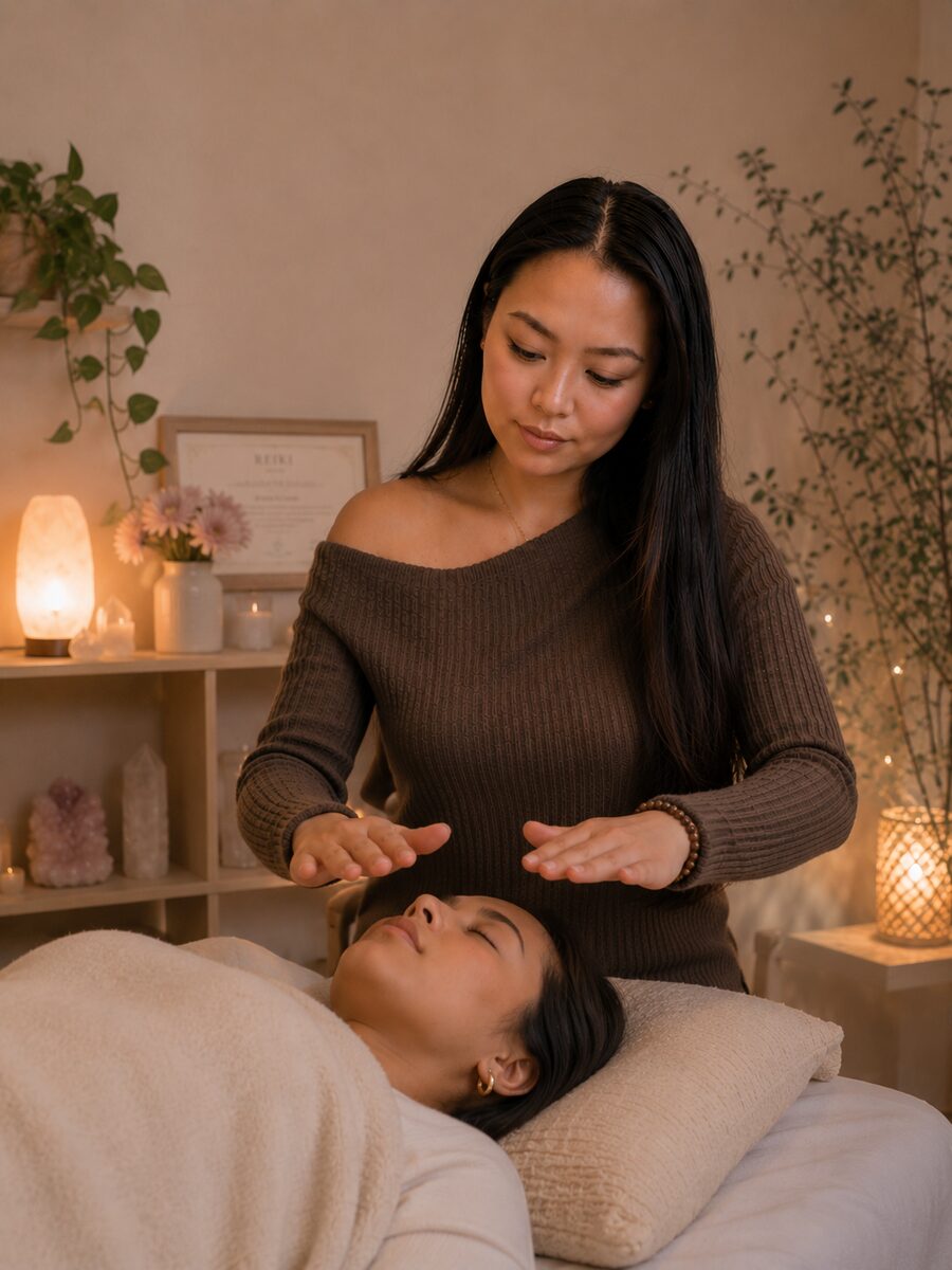 A calm treatment room set for a healing session with candles and crystals.