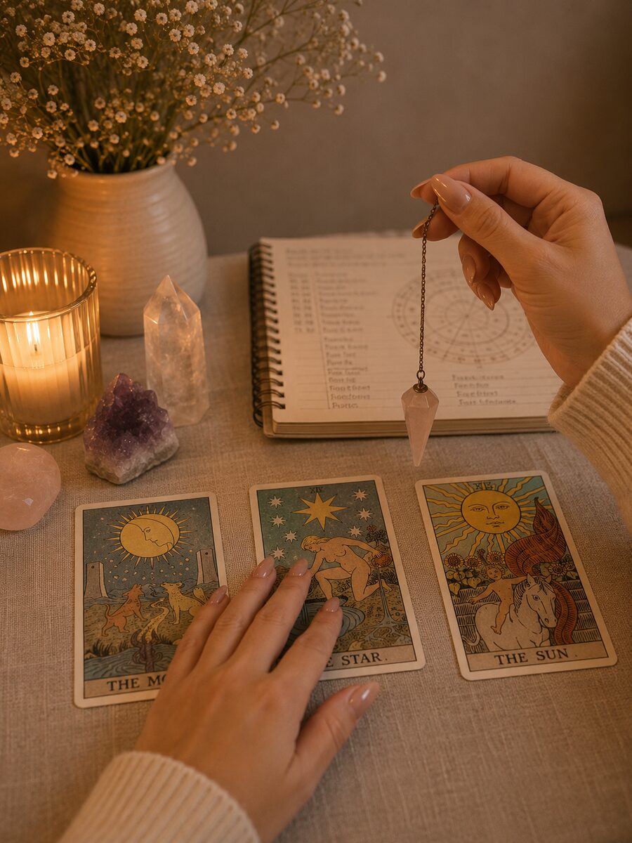 Tarot cards fanned across a linen cloth with crystals and a lit candle.