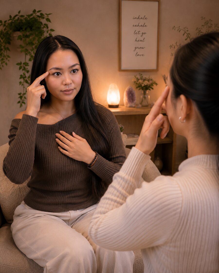 Hands resting gently above a client during a Reiki energy session.