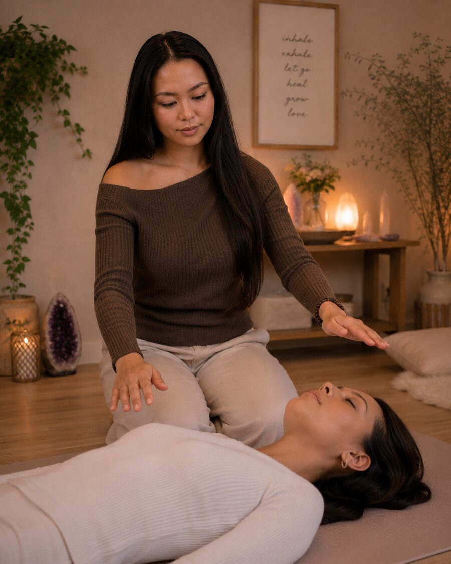 Soft candlelight and flowing fabric set for a kundalini activation.