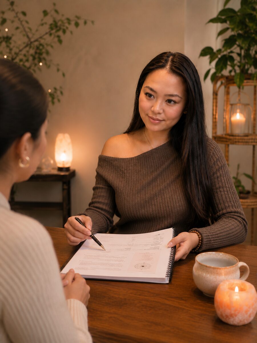An open notebook and clear quartz beside softly draped fabric in warm light.